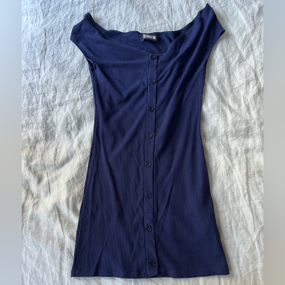 Reformation navy blue ribbed buttoned dress